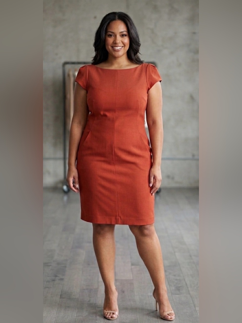 M.M. LaFleur Sheath Dress Sz 14 Brick Red Cap Sleeve Pockets Career